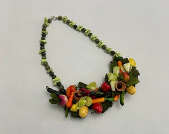 vintage handmade GARDENING theme necklace - statement necklace, vegetables, mini terracotta pots - costume jewelry, bib style necklace