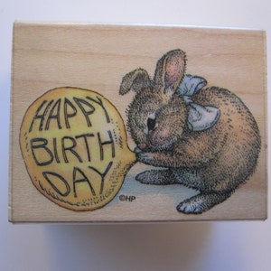 vintage rubber stamp - Happy Birthday bunny - bunny blowing balloon - All Night Media - PE98 D17