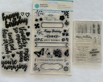 3 sets clear stamps - Written in Watercolor, birthday sentiments, Martha Stewart labels butterflies flowers - cling stamps - GR01 D88B