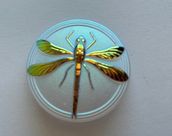 Czech glass DRAGONFLY button - 40mm focal button - frosted relief metallic dragonfly - metal shank, pressed glass - SC07P