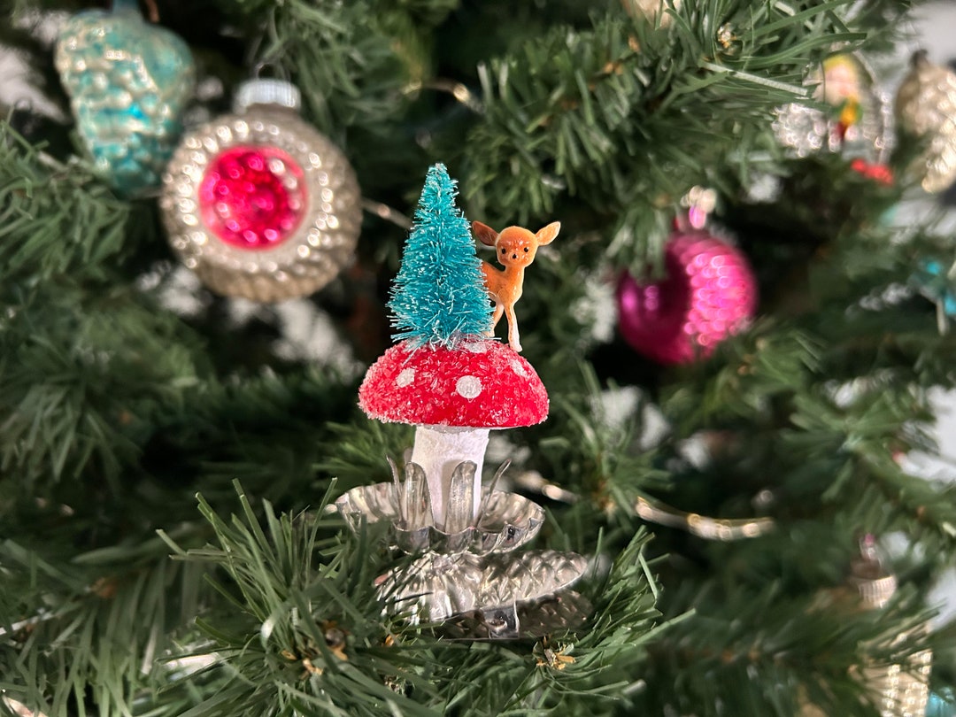 Handmade Clipon Mushroom Ornament Vintage Inspired Spun Cotton