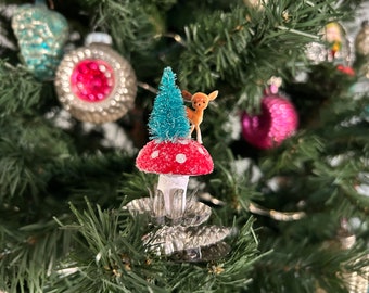 handmade clip-on mushroom ornament - vintage inspired spun cotton mushroom with mini tree and miniature deer - red cap