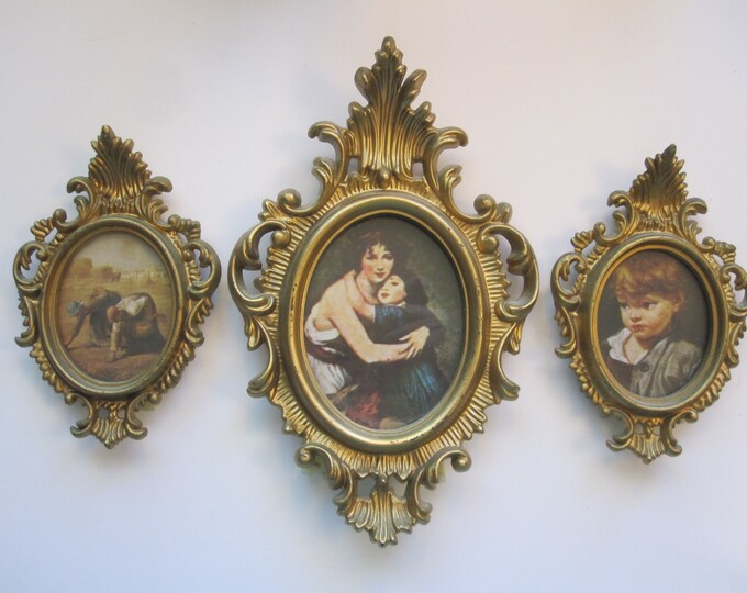 3 Vintage Plastic Picture Frames Hong Kong Ornate, Gold Tone, Italian