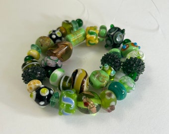 40 glass and lampwork beads - green assortment - various styles - B3