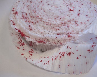 ruffled crepe paper - white with faux blood spatter - YOUR CHOICE length - festooning for Halloween decor - crepe paper streamer