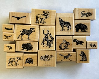 19 rubber stamps - animal stamps - bear, snake, eagle, roadrunner, quail, squirrel, skunk, wolf, cougar and more - used stamps - SC03 B10