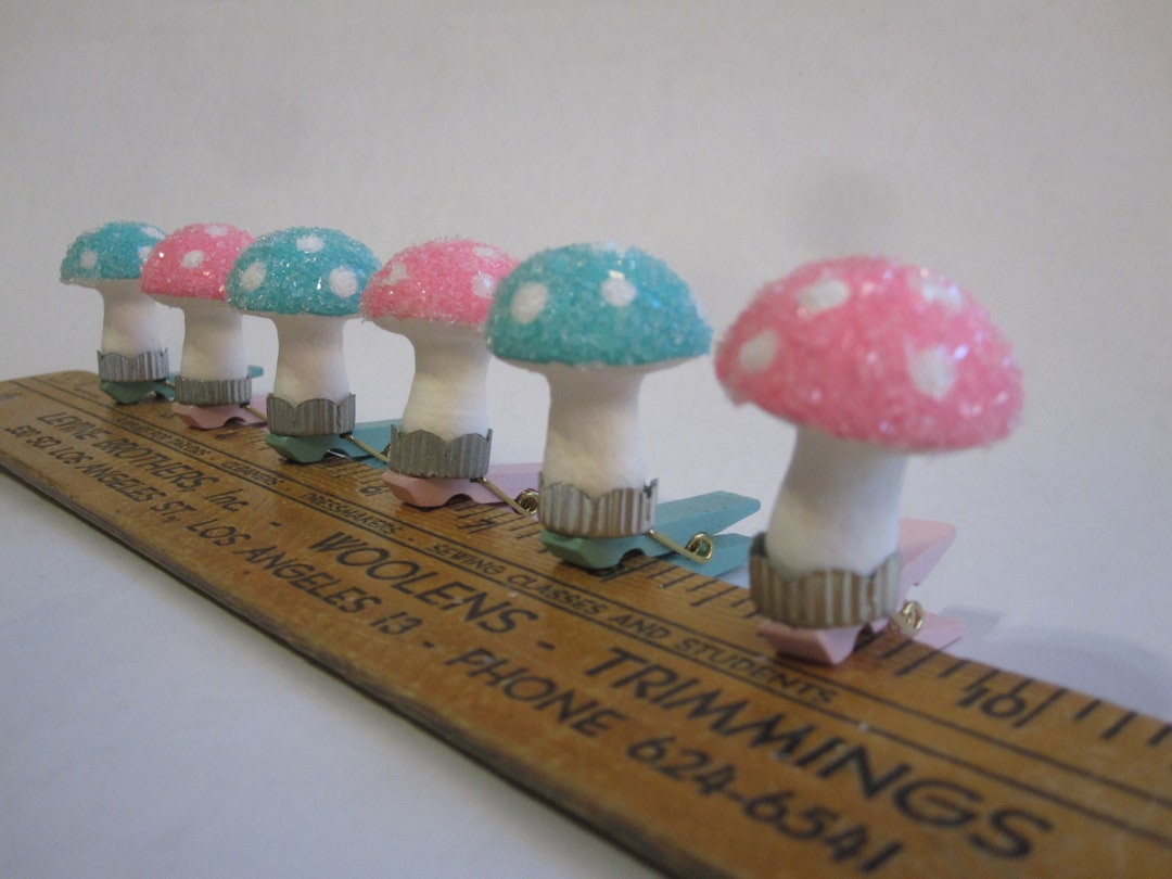 6 Handmade Clipon Mushroom Ornaments Vintage Inspired Spun Cotton