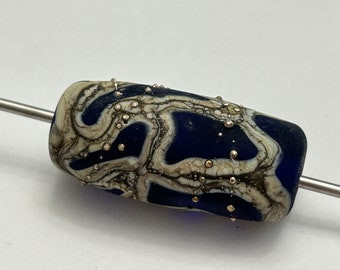 handmade artisan lampwork bead - silver cobalt etched barrel bead, focal bead, art glass bead - 30mm x 14mm - 19002 - SC07