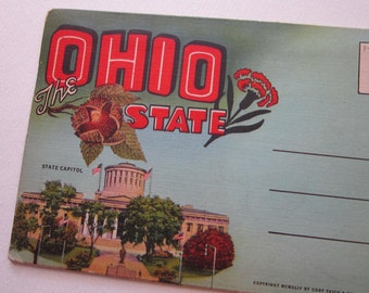 SALE - antique OHIO STATE souvenir postcard folder - circa 1940s - linen, big letter - pc112
