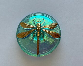 Czech glass DRAGONFLY button - 40mm focal button - iridescent green-blue with relief metallic dragonfly - metal shank, pressed glass - SC07O