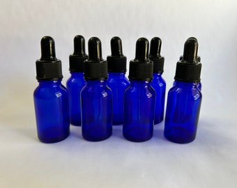 7 blue glass bottles with droppers - 15ml bottles - cobalt blue glass apothecary style bottles