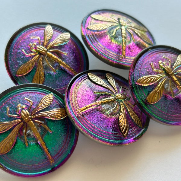 5 Czech glass DRAGONFLY buttons - 30mm focal buttons - peacock iridescent with relief dragonfly - metal shank, pressed glass SC07A