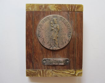 vintage religious plaque - Saint Anne de Beaupre - wood and metal