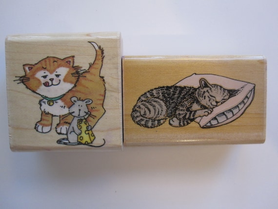 2 rubber stamps - cat stamps - tabby cat stamp, cat and mouse, sleeping cat  - used rubber stamps