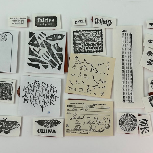 22 rubber stamps - collage stamps, mail art stamps, faces, patterns, butterfly, mini key, play - used unmounted stamps - UML418J