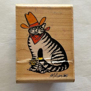 vintage rubber stamp - Tex cowboy cat - B. Kliban cat stamp - Rubber Stampede A183-D, 1991- used stamp D11