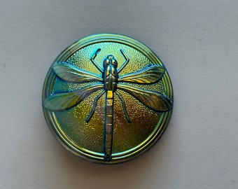 Czech glass DRAGONFLY button - 40mm focal button - iridescent with relief metallic dragonfly - metal shank, pressed glass - SC07L