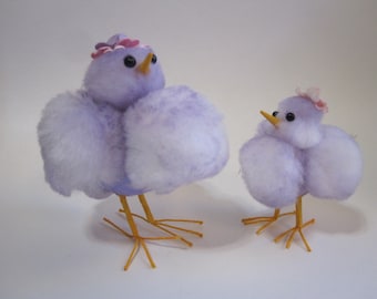 2 handmade pom pom chicks - LILAC Mama and Baby pom chicks with wired legs