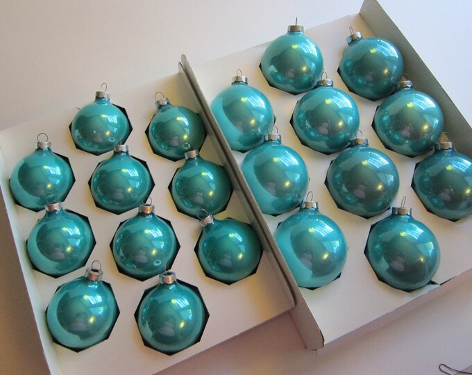 20 Vintage AQUA Glass Ornaments HOLLY Brand Glass Balls Two Sizes 2.25