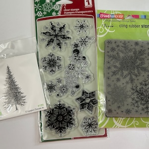 3 pkgs stamps - snowflakes, fir pine tree, Stampendous, Inkadinkado, Impression Obsession, clear and rubber stamps - winter stamps J2
