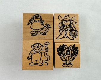 4 vintage rubber stamps - girls and boys, screaming girl, cowboy, boy with snake, girl standing on cat's tail - L. A. Stampworks - SC03 D12