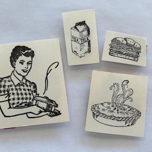4 rubber stamps - hot pie, carton of milk, cheeseburger, woman holding hot pot - cooking and food stamp - unmounted rubber, used stamps