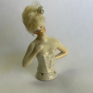 vintage half doll with wig - GERMANY, hand painted - 3 inches, open arm