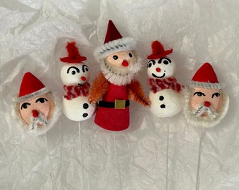 5 handmade Christmas picks - hand painted spun cotton Santa Claus, Santa heads, snowman picks - corsage supply - C01