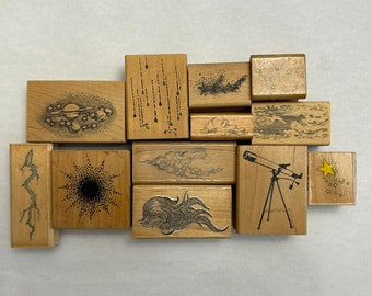 12 rubber stamps - weather stamps, telescope, raindrops, space stamps, lightning, clouds, wind - used stamps - SC03 D20