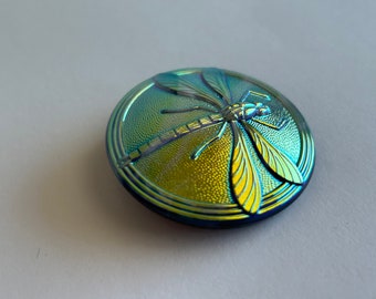 Czech glass DRAGONFLY button - 40mm focal button - iridescent with relief metallic dragonfly - metal shank, pressed glass - SC07M