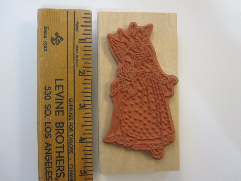 Joanne West 1999 vintage rubber stamp CAT gardening angel Personal Stamp Exchange K7007 dhrs