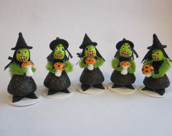 handmade miniature witch - YOUR CHOICE spun cotton witch, bump chenille, hand painted - Halloween decoration, miniature witch