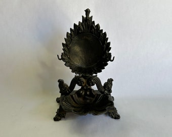 vintage holy water font - cast metal - tabletop - 6 inches tall