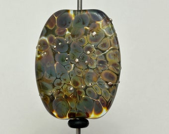 handmade artisan lampwork bead - Wired Raku on Light Grey tab bead, focal bead, art glass bead - 34mm x 23mm x 7mm - 19692 - SC07