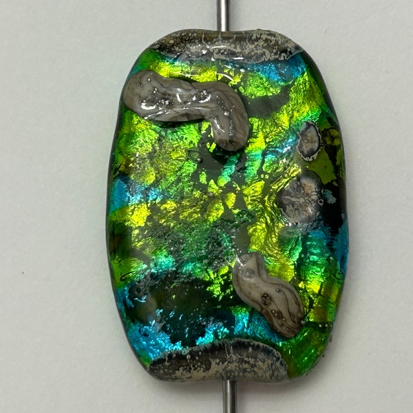 handmade artisan lampwork bead - 'Ancient Lime' foiled tab bead, focal bead, art glass bead - 39mm x 26mm x 6mm - 19695 - SC07