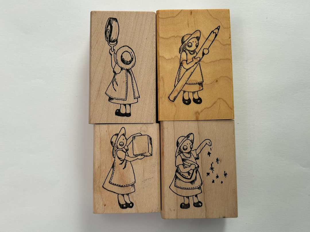 4 Vintage Rubber Stamps Peddler's Pack Girls Holding Pencil, Glitter