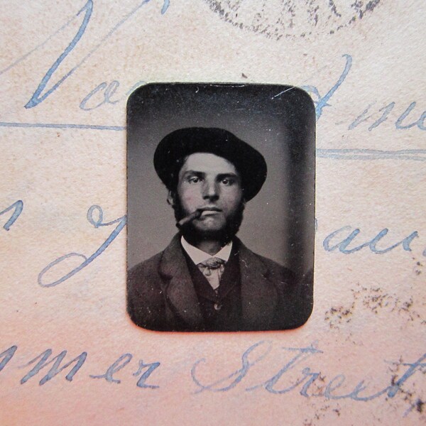 SALE - antique gem TINTYPE photo - man with CiGAR and HAT - gta90