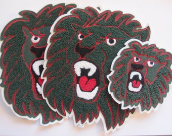 3 green lion appliques, lion patches - felt backed, dark green