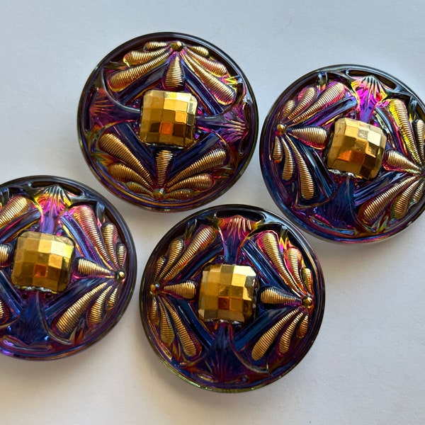 4 pressed glass buttons - dark peacock with gold tone cut buttons - 30mm wide glass buttons - SC07