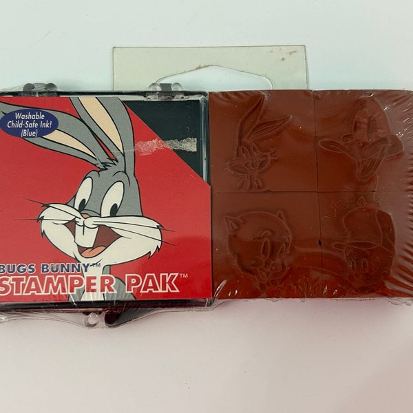 rubber stamp set - Bugs Bunny Stamper Pak - 4 stamps, Bugs, Porky Pig, Elmer Fudd, Daffy Duck - stamps on foam blocks, 1991 - SC03 D01