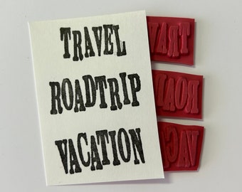 3 rubber stamps - travel, roadtrip, vacation word stamps - travel journal stamps - unmounted or cling mount - 7215_7219_7220