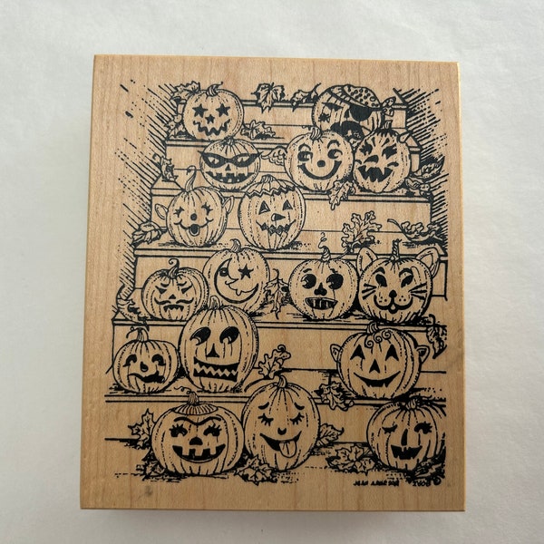 rubber stamp - jack o'lanterns on steps, pumpkins stamp - Northwoods Rubber Stamp Inc 2008 - used rubber stamp - PH10 D23