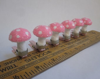 6 handmade clip-on mushroom ornaments - vintage inspired spun cotton mushrooms - pink spotted caps, glass glitter