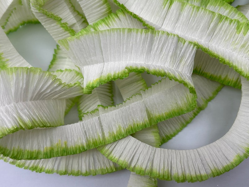 ruffled crepe paper white with green tint YOUR CHOICE length festooning for rosettes, decoration, and more, ruffled crepe streamer image 1