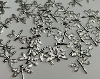 48 metal findings - DRAGONFLY stampings - 7/8 x 5/8 inches antiqued silver tone dragonfly findings, metal stampings, jewelry supply