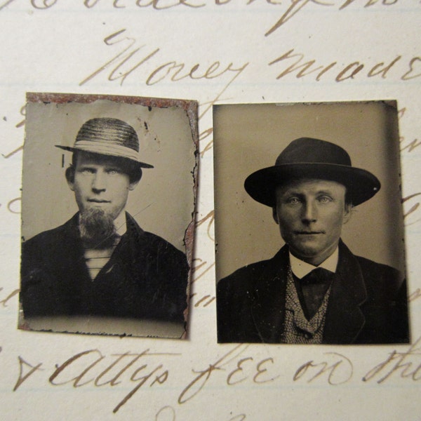 2 antique gem tintypes - MEN in HAtS, late 1800s, ferrotypes, dollhouse art, antique photos - lot MH7