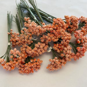 May include: Several bundles of artificial orange and white berry stems. The stems are green and bundled together with white tape. The berries are small and clustered, creating a textured appearance. These faux floral stems are suitable for crafting and decorative purposes.