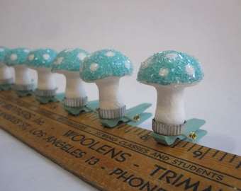 6 handmade clip-on mushroom ornaments - vintage inspired spun cotton mushrooms - aqua spotted caps, glass glitter