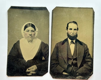 2 antique tintype photos - man and woman, portrait tintypes, sitters