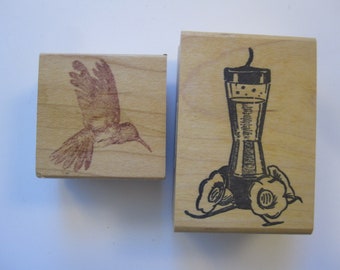 2 vintage rubber stamps - hummingbird and hummingbird feeder - Art Gone Wild and The Stamp Pad Co - gently used - SC03 D02